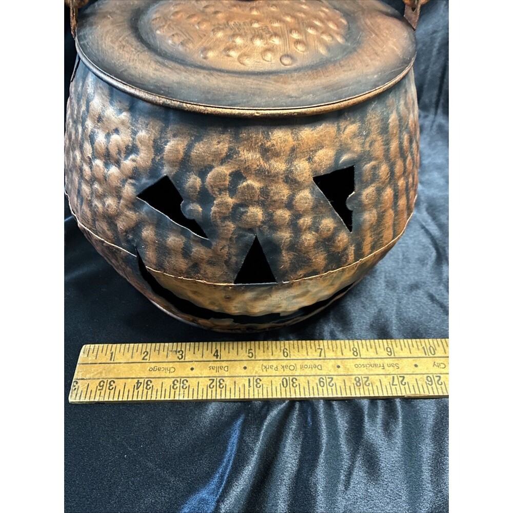 Hammered Copper JackoLantern Metal Bucket & Lid Halloween Pumpkin Candy Cauldron - Picture 7 of 14
